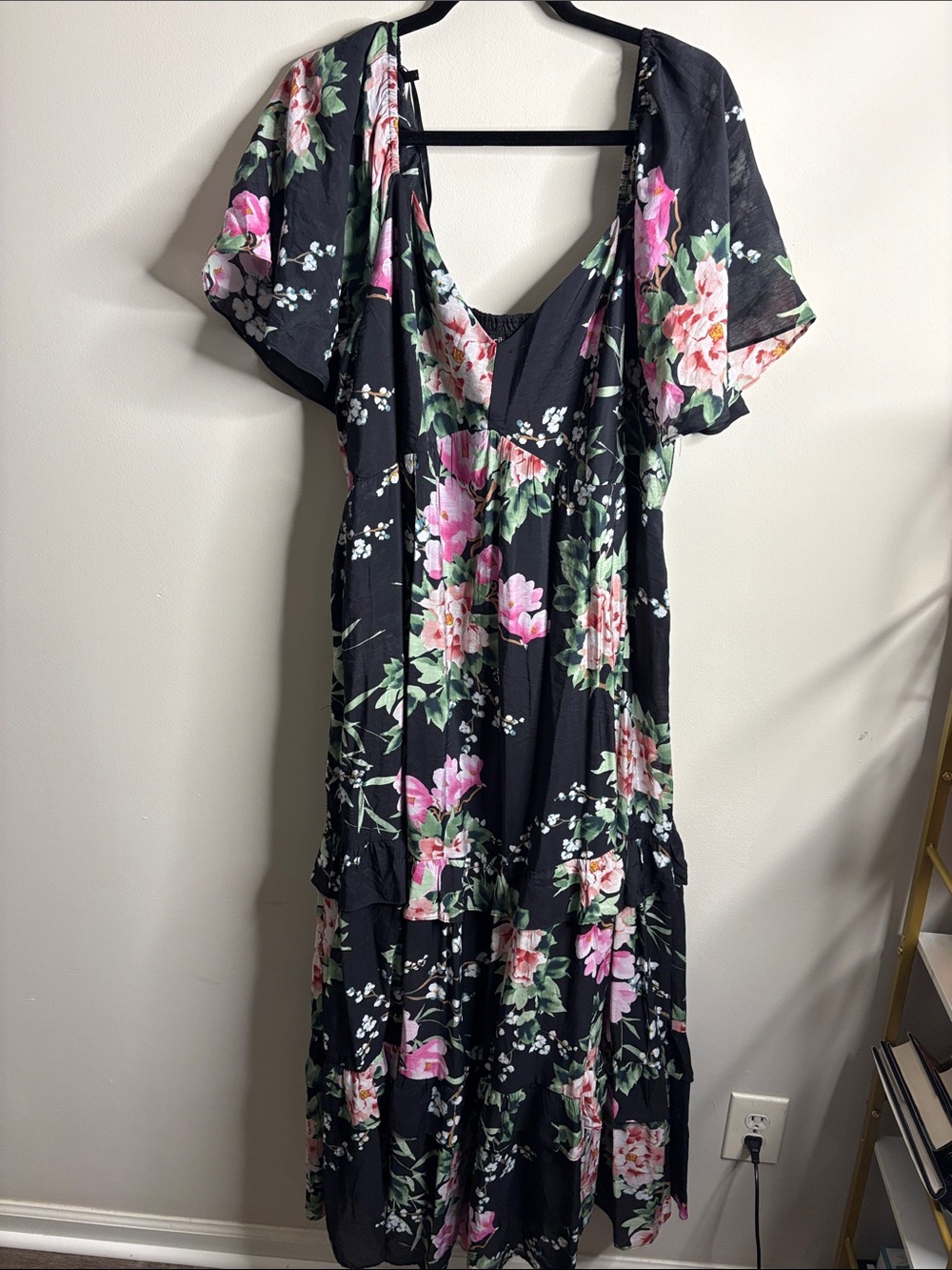 City Chic Black Maxi Dress with Pink & Green Floral Detail